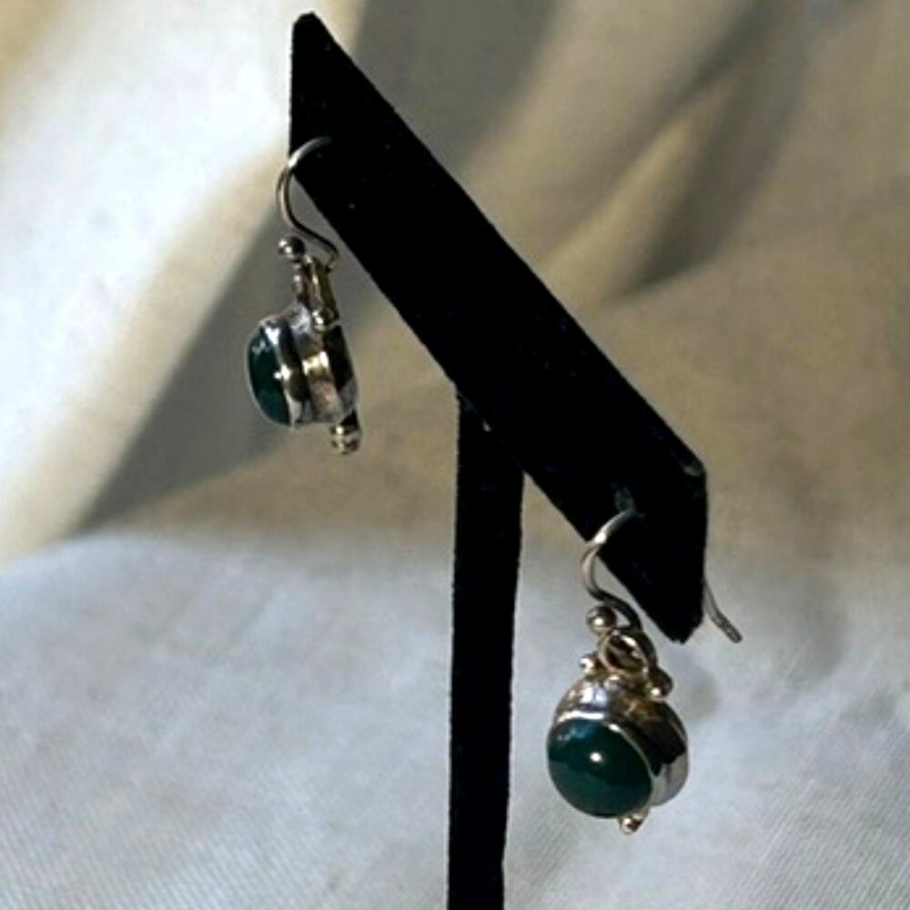 Sterling Silver Green Onyx Drop Earrings Cabochon 925 - Picture 9 of 11